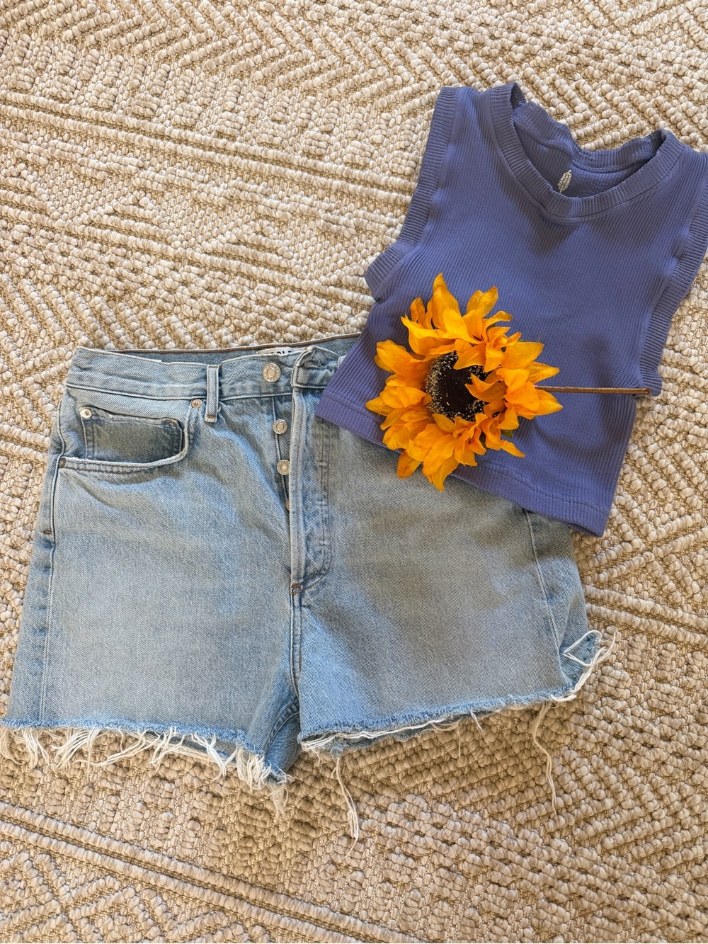 AGOLDE brand Light Wash Frayed Hem Denim Shorts